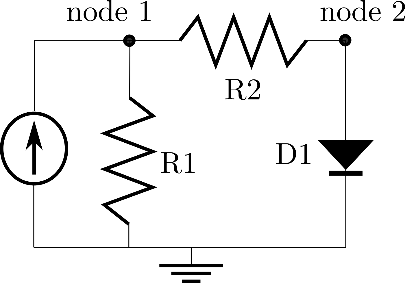 diagram of a simple circuit with two resistors and one diode